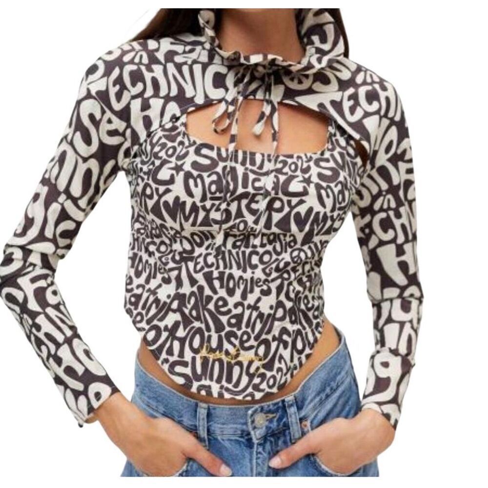 House Of Sunny Black Beige Scooby Text-Print Cotton Blend Poplin Top Size 6